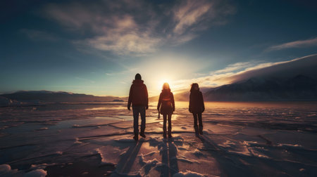 Three figures silhouetted against a stunning sunset over a frozen lake, mountains in the background.の写真素材