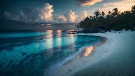 Stunning sunset over a pristine tropical beach. Peaceful and idyllic.の写真素材