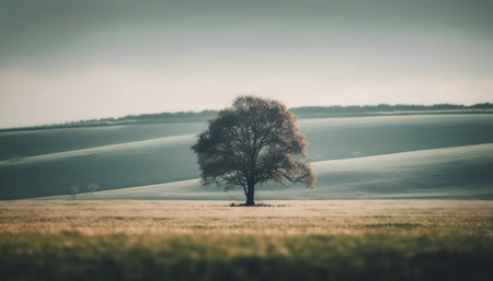 Single tree in vast field, rolling hills background. Serene, peaceful landscape photo.の写真素材