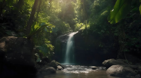 A tranquil waterfall flows through a vibrant tropical rainforest. Sunlight streams through the lush canopy.の写真素材