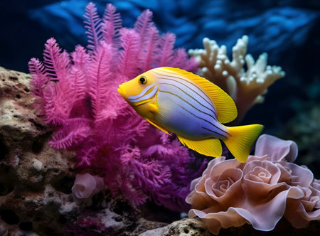 A stunning yellow fish swims amongst vibrant coral and other marine life in an aquarium setting.の写真素材