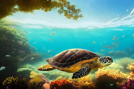 A sea turtle swims peacefully through a colorful coral reef. Fish swim nearby.の写真素材