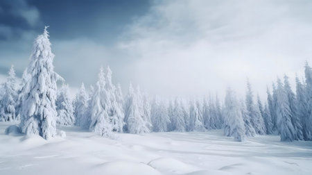 Serene winter forest landscape. Snow-covered trees, mountains, and a calm atmosphere.