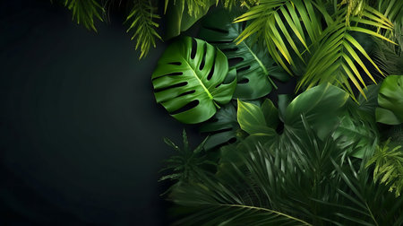 Dark green tropical leaves, lush and vibrant backgroundの写真素材
