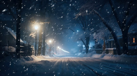 A tranquil winter night scene. Snow falls gently on a quiet street lined with houses and trees.の写真素材