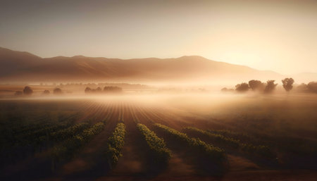 Serene sunrise over a vineyard shrouded in mist.の写真素材
