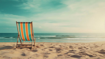 A striped deck chair sits invitingly on a sandy beach, facing a calm ocean under a serene sky. Summer vibes!の写真素材
