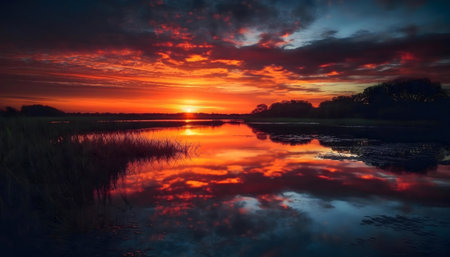 A breathtaking sunset over a still lake. The fiery colors are perfectly reflected in the water.の写真素材