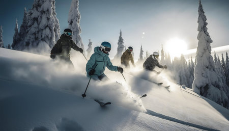 Four skiers enjoy a thrilling run down a snowy mountain slope. Winter adventure at its finest!の写真素材