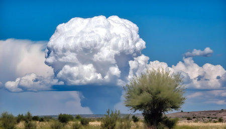 A massive cumulus cloud dominates a vibrant blue sky above a sparsely vegetated landscape.の写真素材