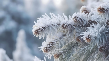 Close-up view of a frosty pine branch in winter. The needles and cones are covered in a layer of ice...
