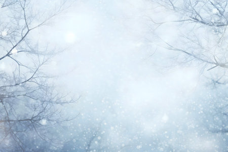 A serene winter scene with bare branches dusted with snow, under a lightly snowing sky.
