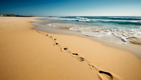 Footprints lead to the ocean on a tranquil beach.の写真素材