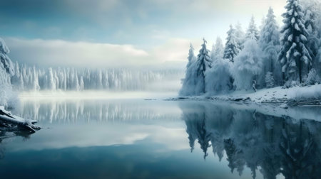 A serene winter scene with snow-covered trees reflected in a still lake.の写真素材