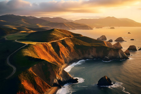 Stunning sunset over the Pacific Coast Highway. Dramatic cliffs, golden light, and endless ocean.の写真素材