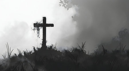A digital painting of a solitary cross in a misty landscape. The monochrome palette evokes a feeling of peace and reflection.の写真素材