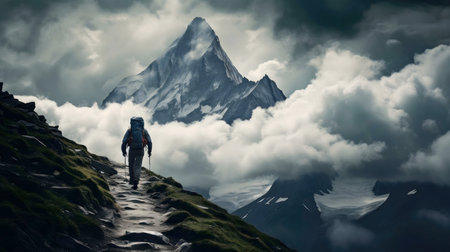 A lone hiker ascends a mountain trail, surrounded by breathtaking scenery and clouds.の写真素材