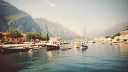 Tranquil harbor scene with boats, houses, and mountains.の写真素材