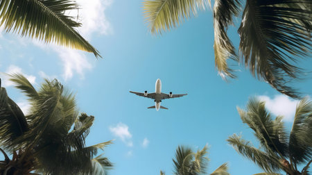 Airplane flying over tropical palm trees.の写真素材