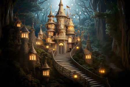 A majestic castle nestled within a mystical forest at night. Magical lights illuminate the scene.の写真素材
