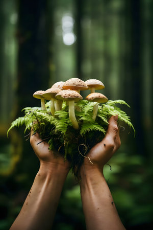 Close-up image of hands holding a cluster of mushrooms growing amongst ferns and moss in a lush forest setting.の写真素材
