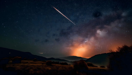 Stunning night sky with Milky Way, shooting star, and mountain range.