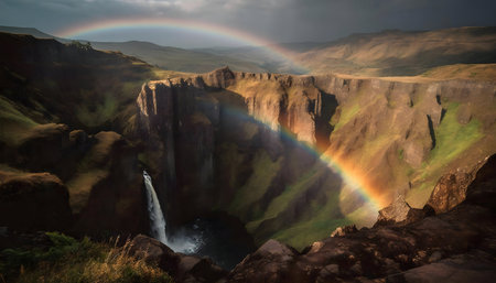 Majestic waterfall cascading down cliffs, vibrant rainbow arching above.の写真素材