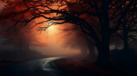 A winding road through a misty autumn forest at sunset. The scene is filled with mystery and tranquility.の写真素材