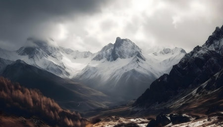 A breathtaking panorama of snow-covered mountains under a dramatic sky. Serene winter landscape.の写真素材