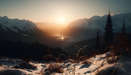 Stunning sunset view over a snowy mountain range. Peaceful winter landscape.の写真素材