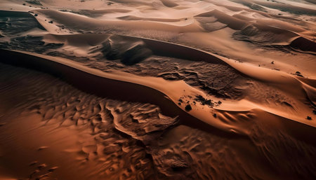 Stunning aerial shot of desert dunes at sunset. The warm light accentuates the texture and beauty.の写真素材