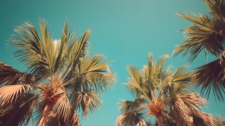 Palm trees reach for a brilliant blue sky. A summery vibe.の写真素材