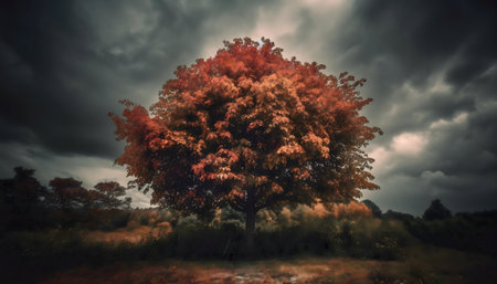 A solitary tree with fiery red leaves stands against a dramatic stormy sky. Autumnal colors dominate the scene.の写真素材