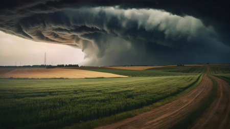 A breathtaking view of a massive storm cloud formation looming over a tranquil farmland.の写真素材