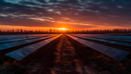 Solar farm at sunset. Clean energy concept.の写真素材