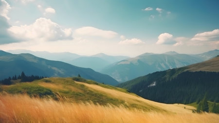 Picturesque mountain range with golden grass and a tranquil skyの写真素材