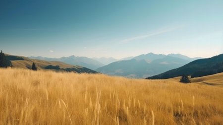 Serene landscape of golden fields under a clear blue sky, with majestic mountains in the background.の写真素材