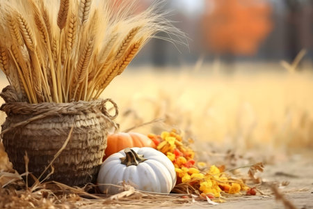 A rustic autumn scene featuring pumpkins, wheat, and fall foliage. Warm, inviting colors and textures.の写真素材