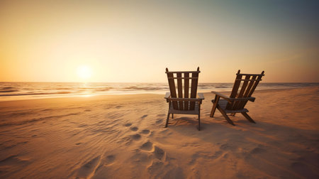 Two chairs on a sandy beach facing a calm ocean at sunset. Peaceful scene.の写真素材