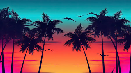 Silhouetted palm trees against a vibrant tropical sunset.の写真素材