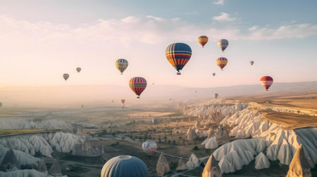 Many hot air balloons flying over Cappadocia at sunriseの写真素材