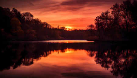 Stunning sunset reflected in a calm lake, creating a fiery scene. Trees line the shore.の写真素材