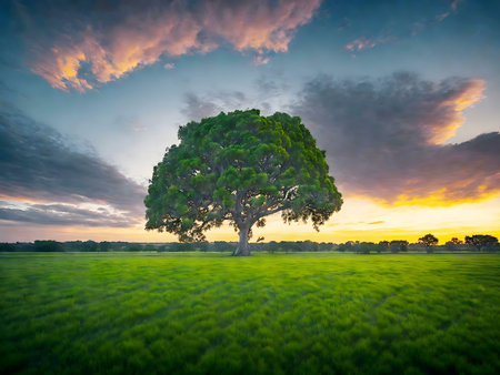 A single tree stands majestically in a vast green field, as the sun sets casting a warm glow.の写真素材