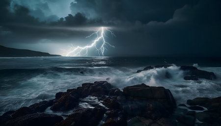 A breathtaking night scene of a powerful lightning strike over a dramatic ocean storm.の写真素材