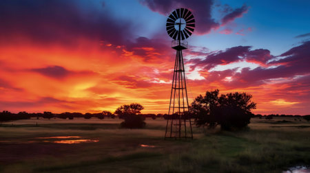 A picturesque sunset paints the Texas sky in fiery hues, illuminating a lone windmill on the vast plains.の写真素材