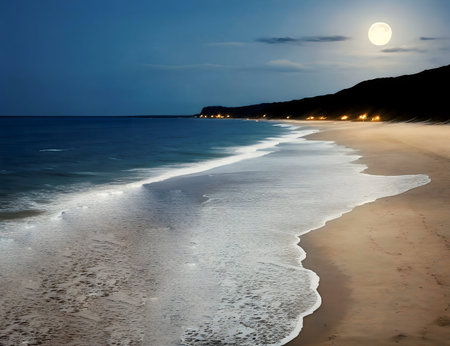 Peaceful moonlit beach at night. Serene waves on sandy shore.の写真素材