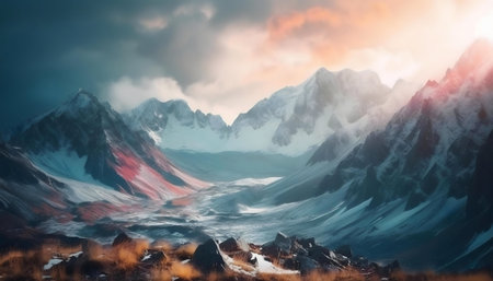 Breathtaking sunrise over snow-capped mountains. Serene landscape.の写真素材