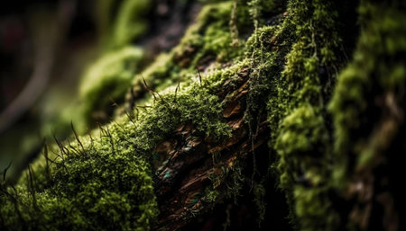 Close-up shot of vibrant green moss covering wood. Lush forest sceneの写真素材