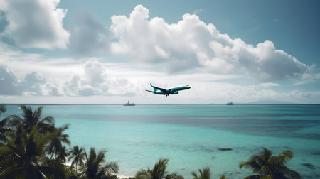 Plane descends over a stunning tropical beach.の写真素材