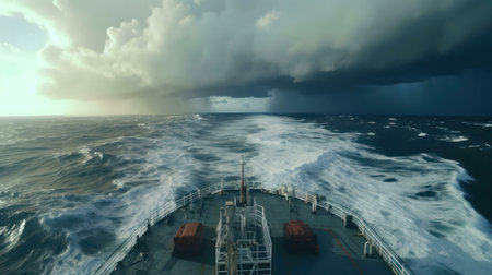 A ship navigates through a tempestuous sea under a breathtaking sky. The dramatic clouds contrast with the powerful waves.の写真素材
